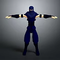 3D Rendered Blue Ninja Character With Masked Face And Outstretched Arms On Gray Background