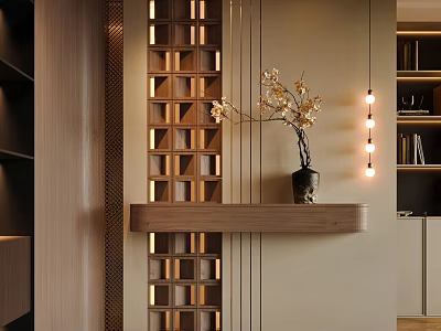 Modern Foyer Hallway Interior With Wooden Lattice Shelves LED Lighting And Flower Vase Arrangement 3d model