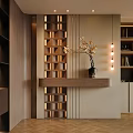 Modern Foyer Hallway Interior With Wooden Lattice Shelves LED Lighting And Flower Vase Arrangement