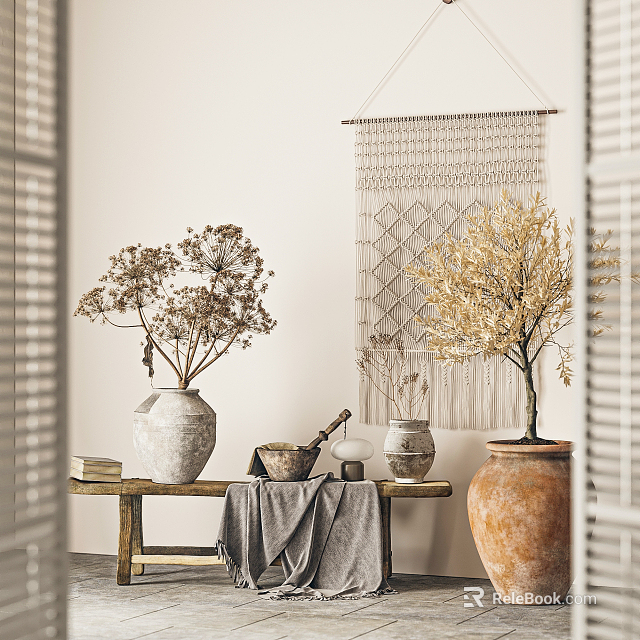 Bonsai Plant in Terracotta Pot with Dried Flowers Macramé Hanging and Louvered Windows Indoor Scene 3d model 