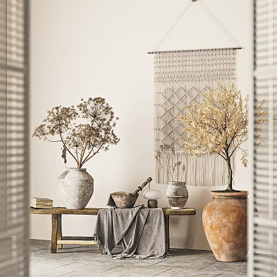 Bonsai Plant in Terracotta Pot with Dried Flowers Macramé Hanging and Louvered Windows Indoor Scene 3d model