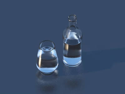 Transparent Wine Bottle And Glass With Liquid And Reflection On Blue Surface 3d model