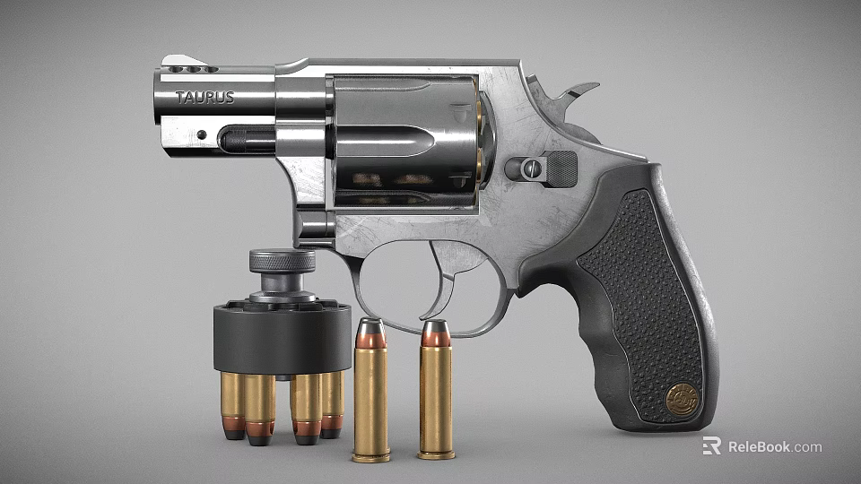 Silver Revolver With Open Cylinder And Bullets On Gray Surface 3d model 