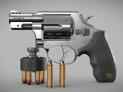 Silver Revolver With Open Cylinder And Bullets On Gray Surface 3d model