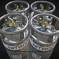 Silver Nitrogen Gas Cylinders Stored On Wooden Pallet With Safety Labels And Caps