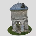 Ancient Architecture Tower With Gray Roof Stone Walls Arched Doorways And Grass