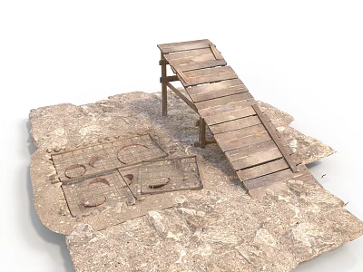 Modern Wooden Bridge Structure On Rocky Ground With Metal Support Legs 3d model