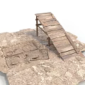 Modern Wooden Bridge Structure On Rocky Ground With Metal Support Legs
