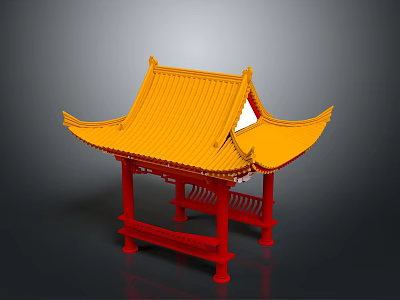 Traditional Chinese Architecture Red Pavilion With Yellow Curved Roof And Decorative Railings 3d model