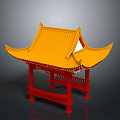 Traditional Chinese Architecture Red Pavilion With Yellow Curved Roof And Decorative Railings