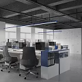 Modern Office Interior Design With Desk Chairs Sofa Wooden Bookshelves Pendant Lights And Green Plant