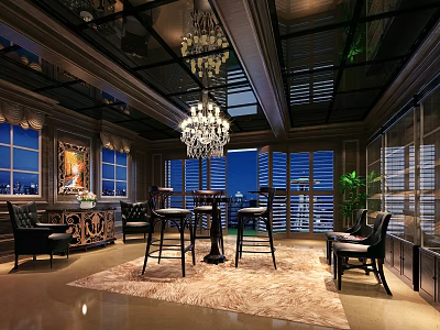 Hotel Public Lounge With Elegant Chandelier Large Windows Plush Rug And Green Plant 3d model
