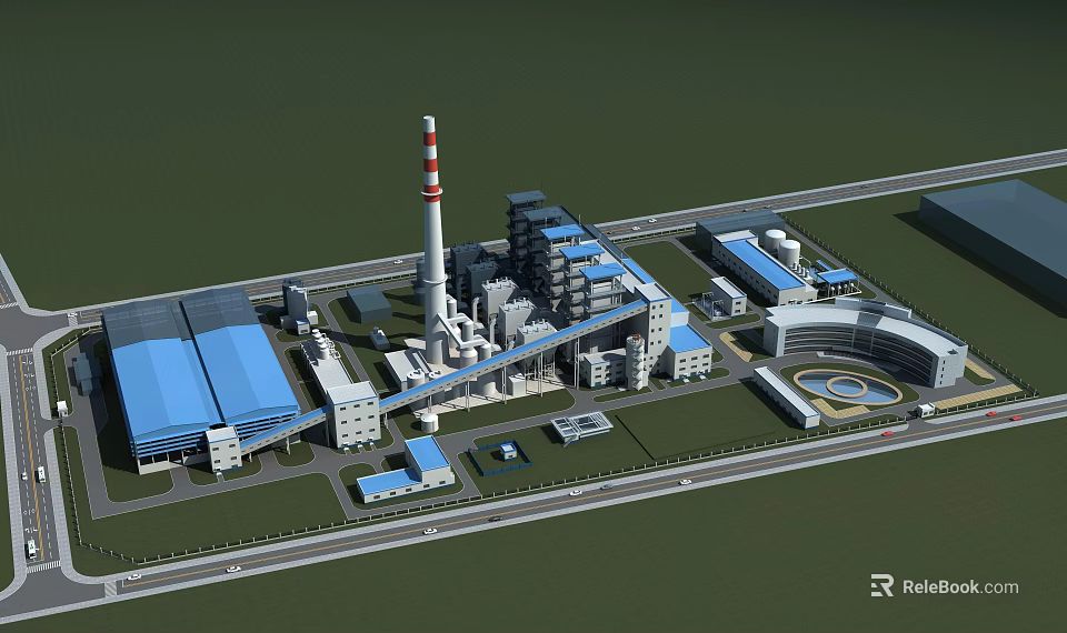 Industrial Plant Aerial View With Red White Chimney Blue Roofs Multiple Buildings And Road 3d model 
