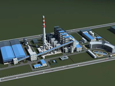 Industrial Plant Aerial View With Red White Chimney Blue Roofs Multiple Buildings And Road 3d model