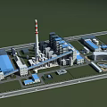 Industrial Plant Aerial View With Red White Chimney Blue Roofs Multiple Buildings And Road