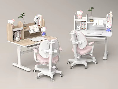 Kids Study Desk with Bookshelf Books Pink Chair and Hello Kitty Decor 3d model