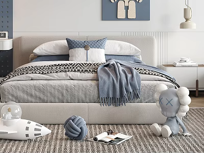 Modern Double Bed With Cozy Pillows Throw Blanket And Kids Toys On Rug 3d model