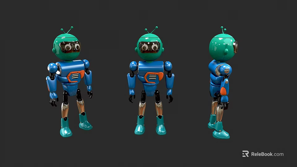 Game And Movie Robot Character With Green Head Blue Body Orange Details And Multiple Angles 3d model 