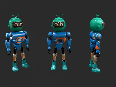 Game And Movie Robot Character With Green Head Blue Body Orange Details And Multiple Angles 3d model
