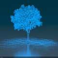 Scenic Blue Wireframe Tree Landscape with Line Structure and Reflection on Dark Background