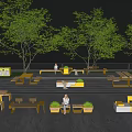 Outdoor Garden Features With Yellow White Benches Green Trees And Leisure Seating Area