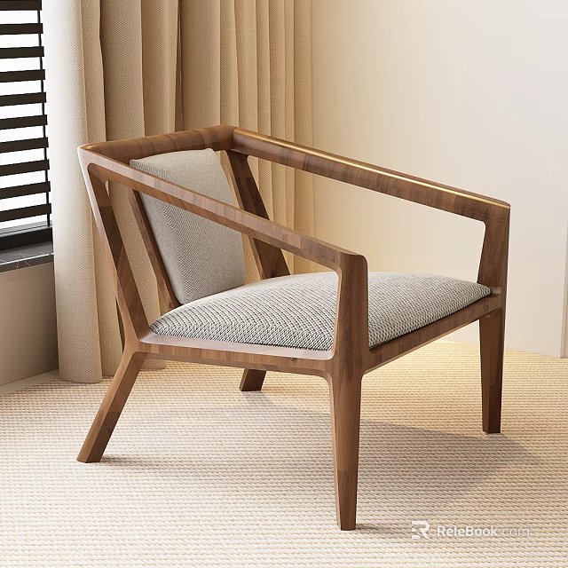 Modern Leisure Chair With Geometric Wooden Frame And Gray Fabric Cushion 3d model 