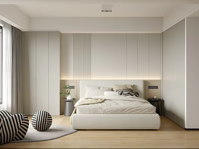 Modern Bedroom Interior With White Bed Striped Cushions Potted Plant And Floor to Ceiling Window 3d model
