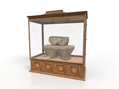 Wooden Display Cabinet With Glass Door Holding Ancient Artifacts And Carved Bottom Drawers 3d model