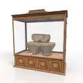 Wooden Display Cabinet With Glass Door Holding Ancient Artifacts And Carved Bottom Drawers