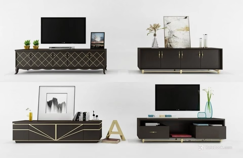 Elegant Modern TV Stand With Storage Drawers TV Decorative Artwork Vase And Potted Plants 3d model 