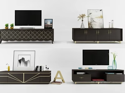 Elegant Modern TV Stand With Storage Drawers TV Decorative Artwork Vase And Potted Plants 3d model