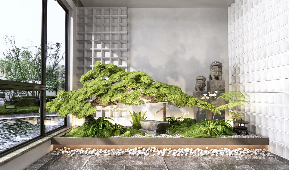 Courtyard Garden With Lush Pine Tree Stone Statues Large Glass Windows And Pebble Flooring 3d model 