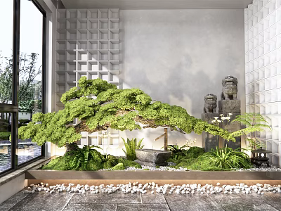 Courtyard Garden With Lush Pine Tree Stone Statues Large Glass Windows And Pebble Flooring 3d model