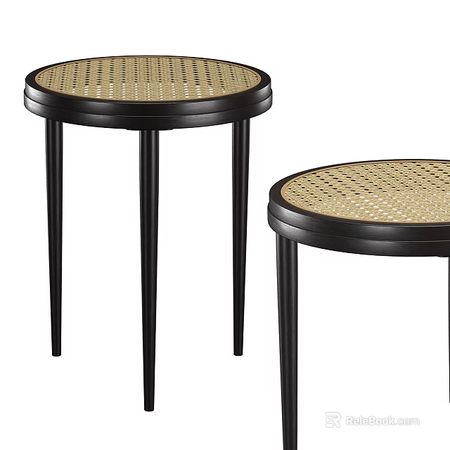 Modern Woven Top Side Tables with Black Slim Legs and Round Design 3d model 