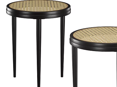 Modern Woven Top Side Tables with Black Slim Legs and Round Design 3d model