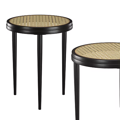 Modern Woven Top Side Tables with Black Slim Legs and Round Design 3d model