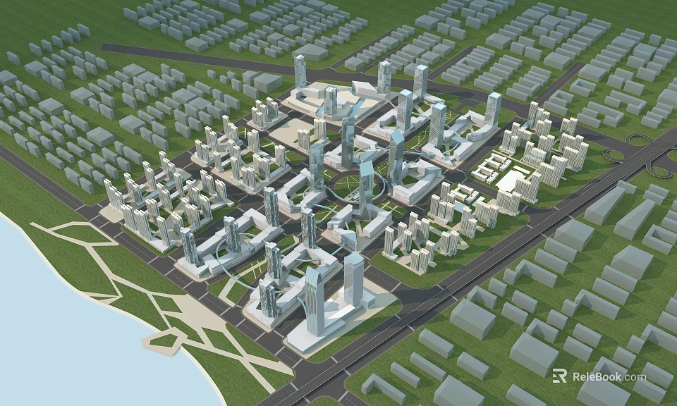 Modern Urban Planning Aerial View With Green Spaces Waterfront And Road Networks 3d model