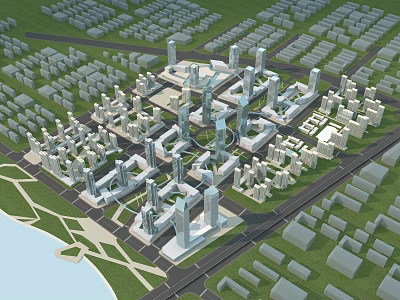 Modern Urban Planning Aerial View With Green Spaces Waterfront And Road Networks 3d model