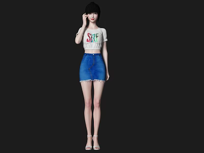 A Woman in White T-shirt with SUN Print Blue Denim Skirt and White High Heels 3d model