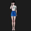 A Woman in White T-shirt with SUN Print Blue Denim Skirt and White High Heels