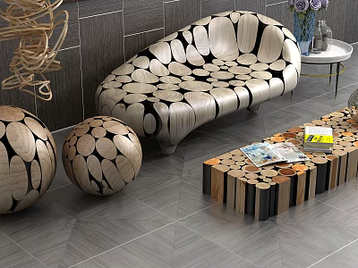 Elegant Modern Sectional Sofa Interior With Wooden Pattern Decorative Balls And Striped Coffee Table 3d model