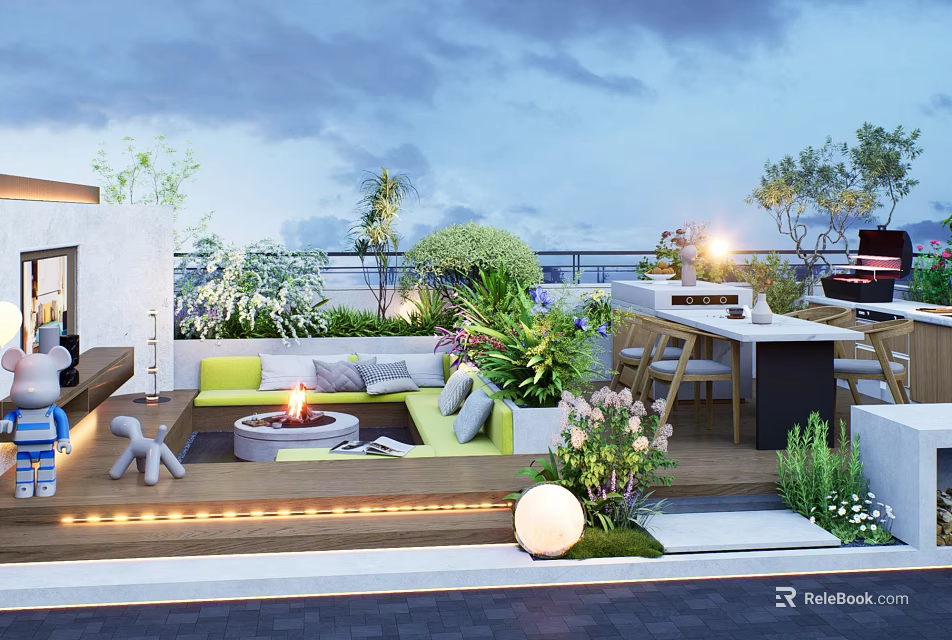 Cozy Modern Courtyard Garden With Sofa Fire Pit Dining Table Lush Plants And Outdoor Lighting 3d model 