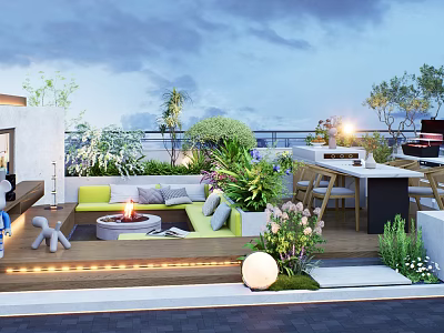 Cozy Modern Courtyard Garden With Sofa Fire Pit Dining Table Lush Plants And Outdoor Lighting 3d model