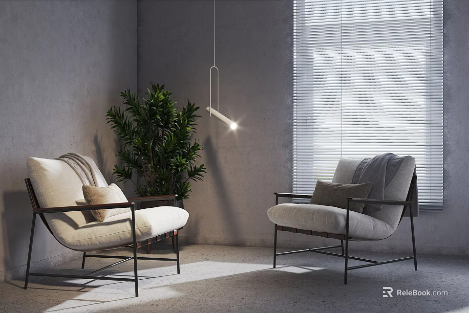 Modern Single Sofa with Soft Cushions and Green Plant Near Window Blinds Interior 3d model 