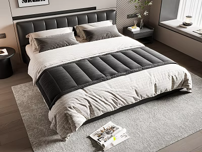 Modern Double Bed with Black Headboard Gray White Bedding Striped Bedspread Nightstand Light Gray Rug 3d model