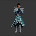 Fantasy Character In Blue And White Robe With Armored Shoulders And Crossed Arms