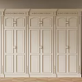 Beige Three Door Wardrobe With Decorative Top And Cabinet Doors On Wooden Floor