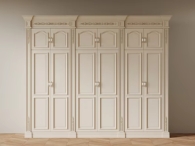 Beige Three Door Wardrobe With Decorative Top And Cabinet Doors On Wooden Floor 3d model