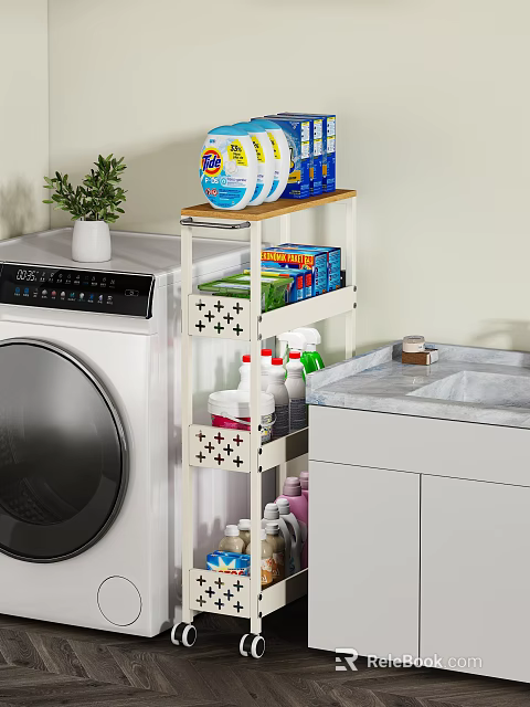 Bathroom Accessories Multi Tiered Storage Shelf with Cleaning Products and Washing Machine 3d model 