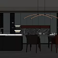 Modern Restaurant Open Kitchen Interior With Island Counter Cabinets And Hanging Lights